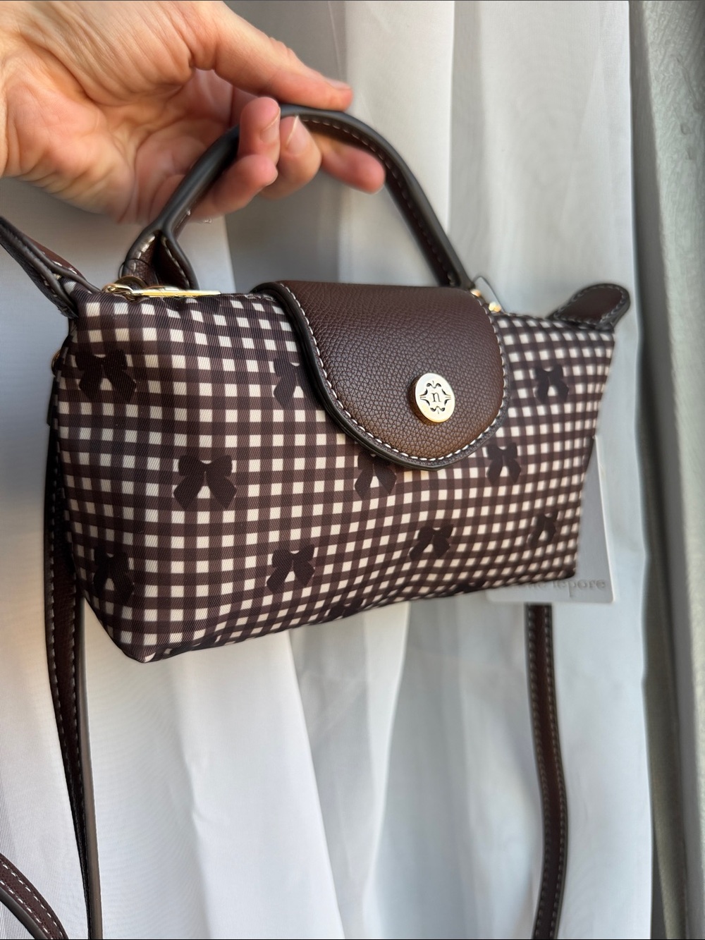 Nanette Lapore Brown Gingham Crossbody Handbag with Top Handle - Picture 1 of 3